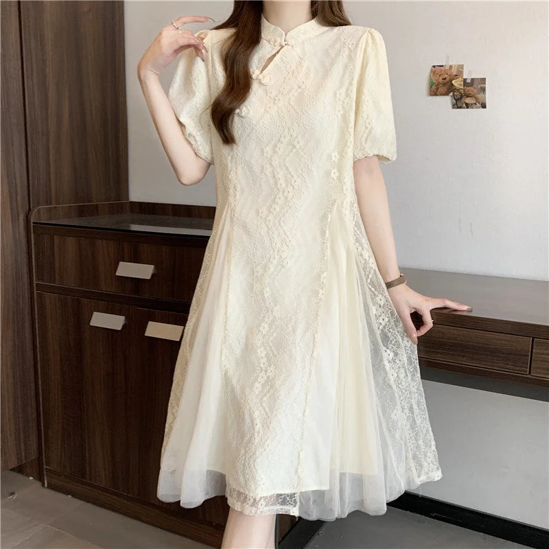 Plus Size Beige Lace Short Sleeve Qipao Dress