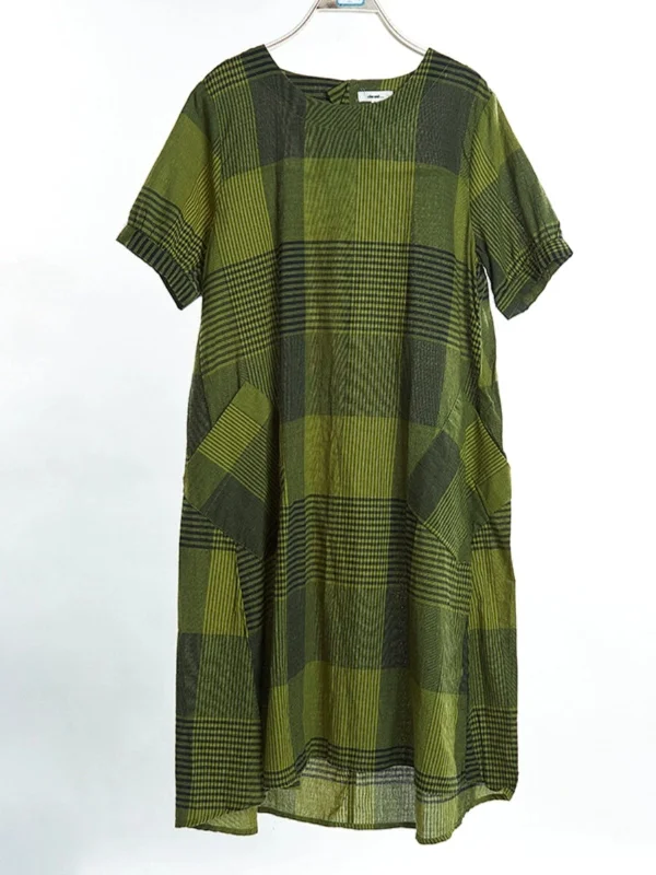 Plus Size Checks Cotton Linen A Line Dress