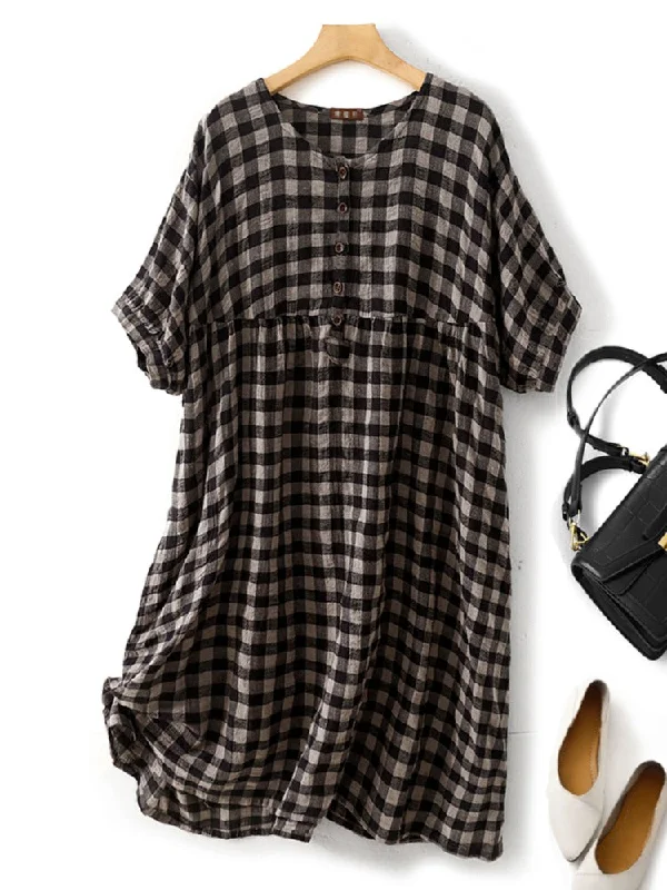 Plus Size Checked Button Loose A Line Dress