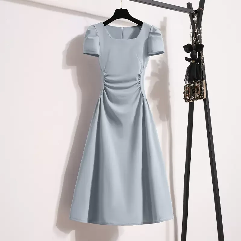 Plus Size Pastel Blue Square Neck Fit And Flare Dress