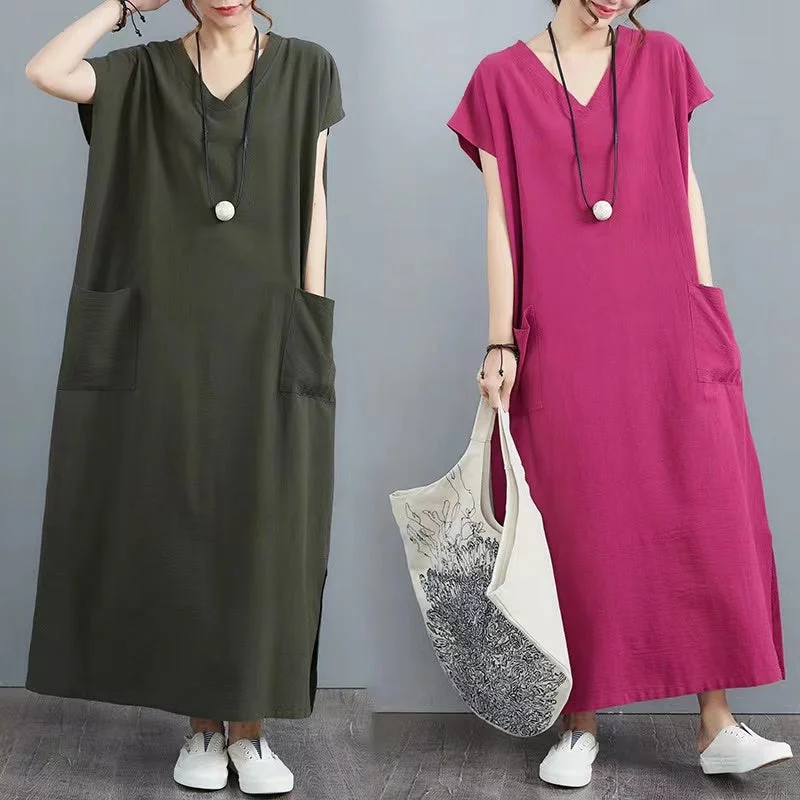 Plus Size V Neck Pockets Long Dress