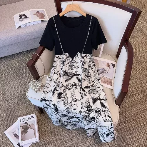 Plus Size Korean Monochrome Sketch Dress