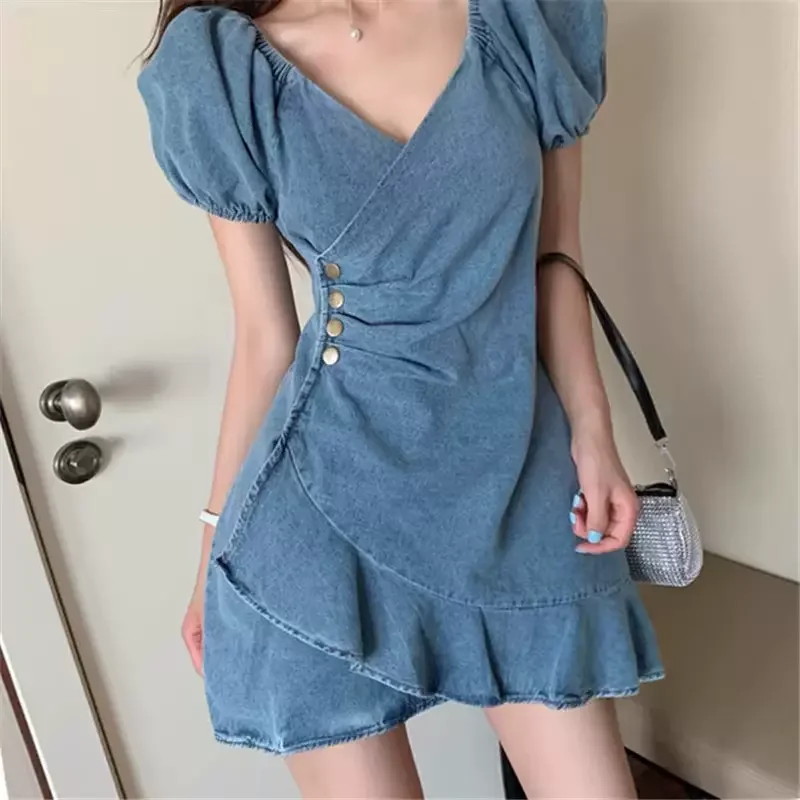 Plus Size Puff Sleeve Wrap Denim Short Dress