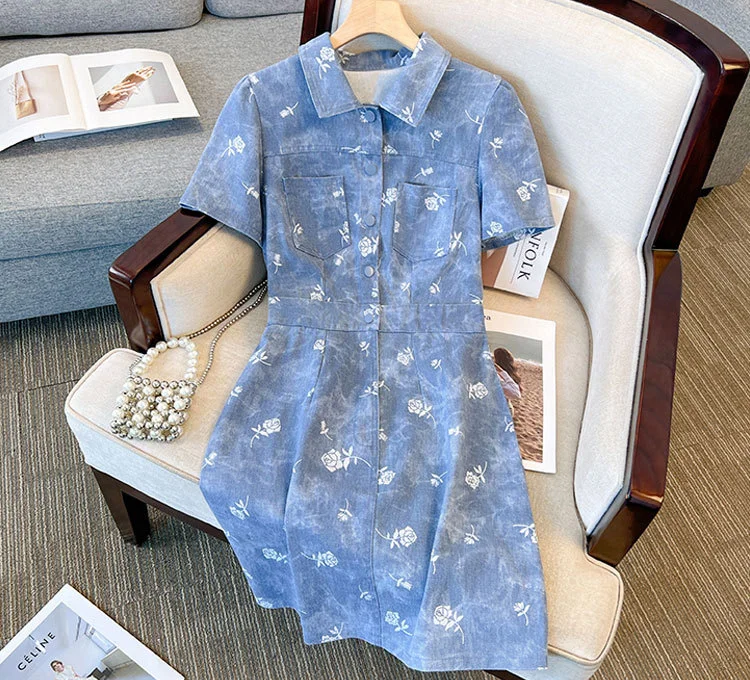 (XL-7XL) Plus Size Rose Denim Shirt Dress (EXTRA BIG SIZE)