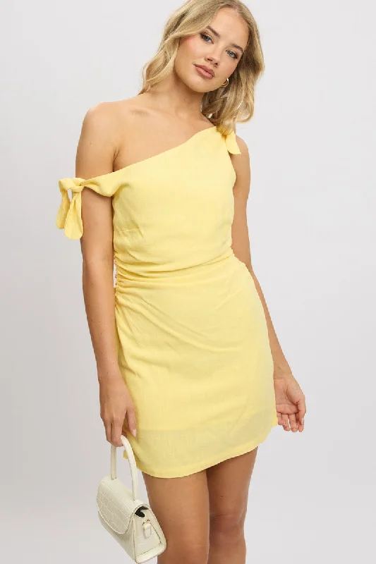 Yellow Bodycon Dress Tie up Shoulder Linen