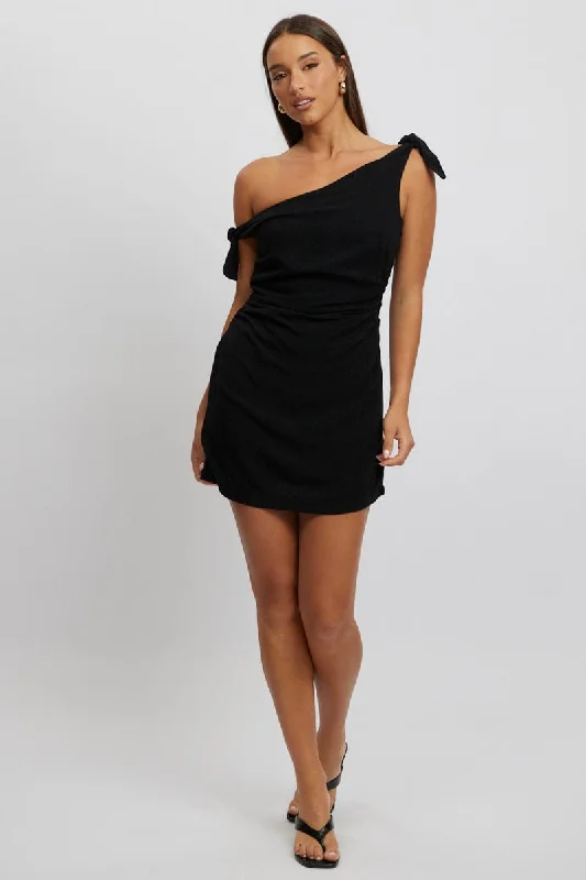 Black Bodycon Dress Tie up Shoulder Linen