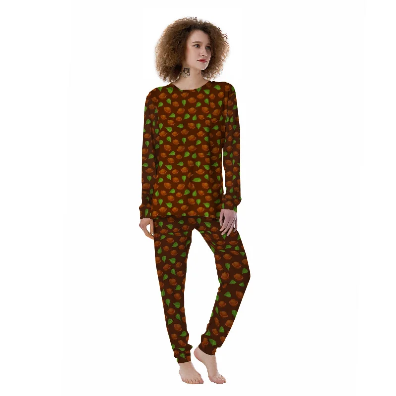 Brown Hazelnuts And Green Leaf Print Pattern Women's Pajamas