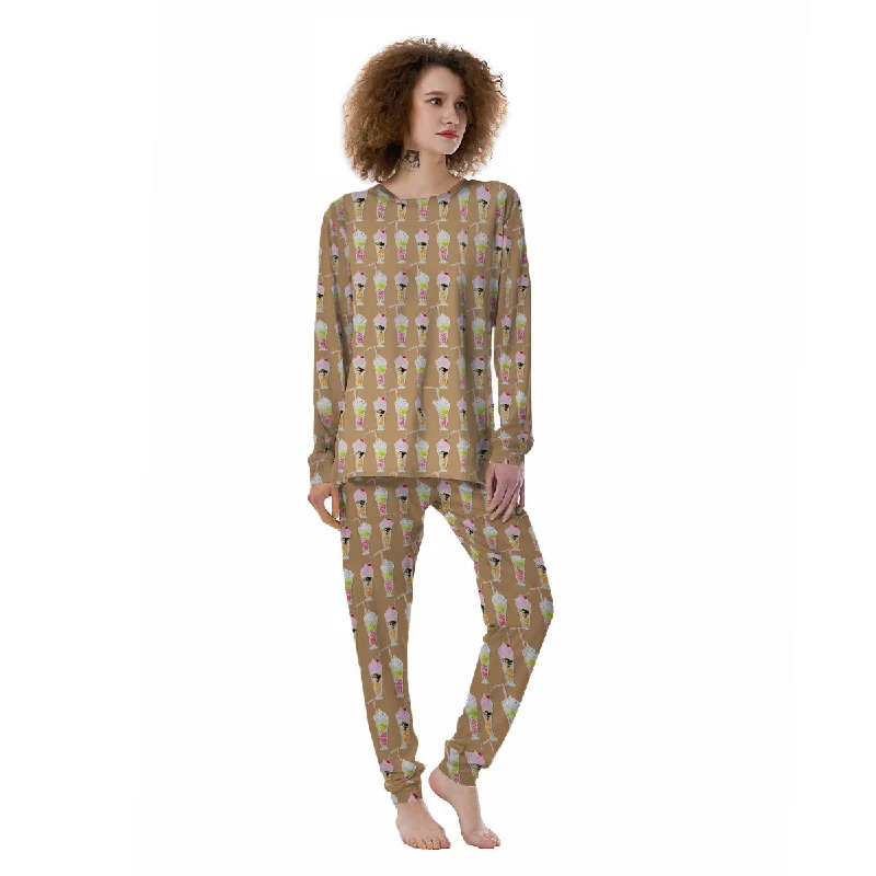 Brown Milkshake Print Pattern Women's Pajamas