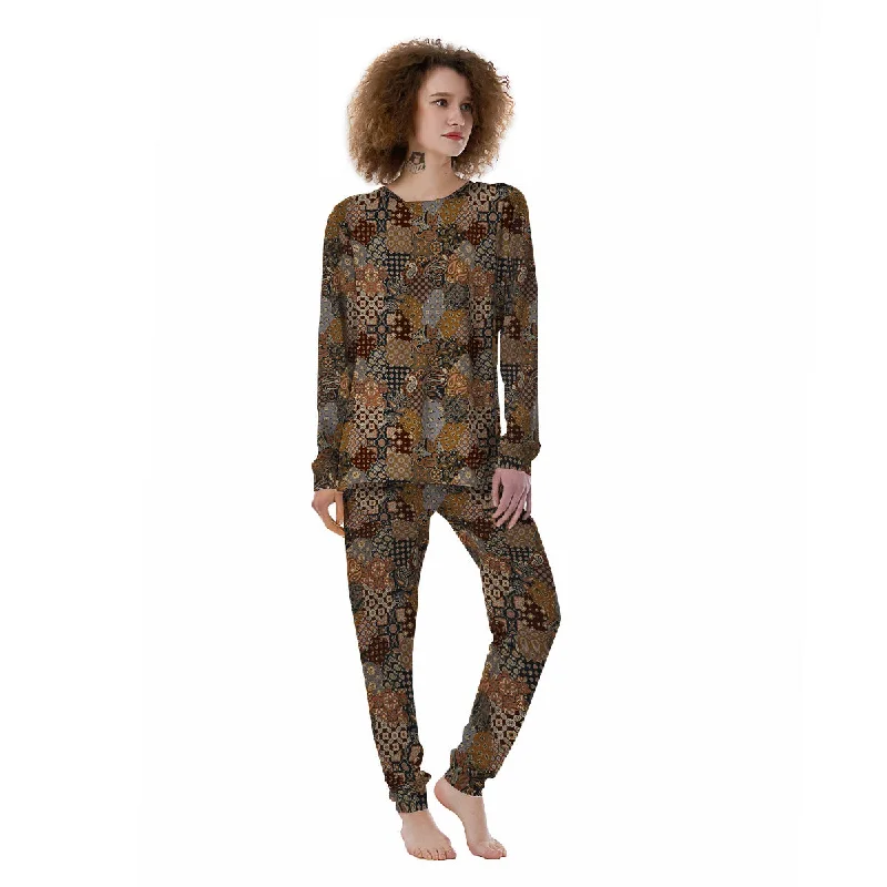 Brown Patchwork Paisley Print Pattern Women's Pajamas