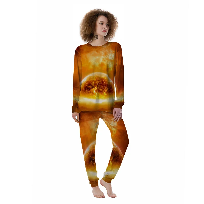 Burning Apocalyptic Planet Earth Print Women's Pajamas