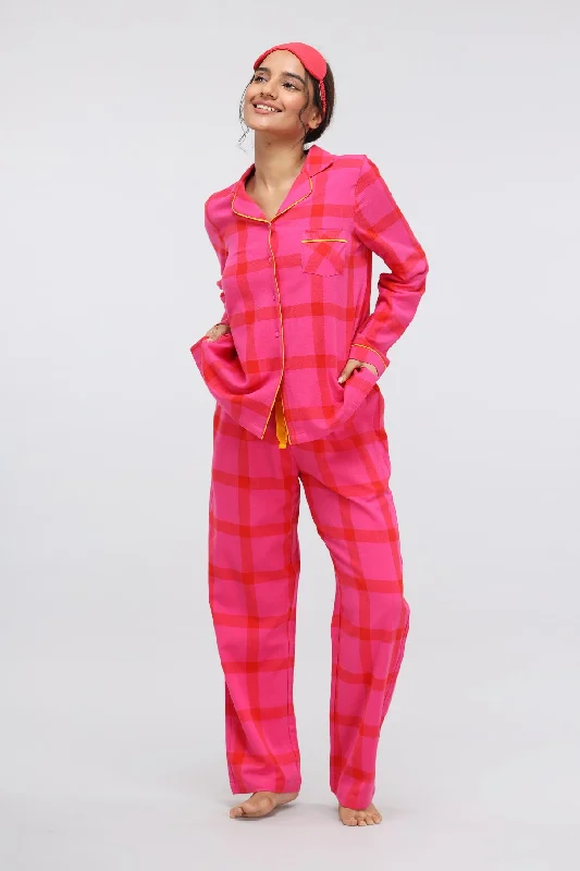 Pink Cotton Plaid Button Down Pajama Set