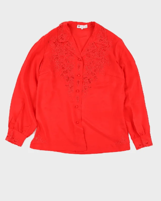 Red Silk Embroidered Long Sleeve Blouse - S