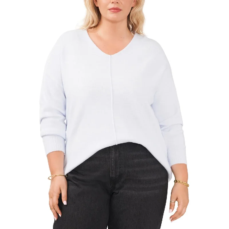 Plus Womens Ribbed Trim Knit V-Neck Sweater