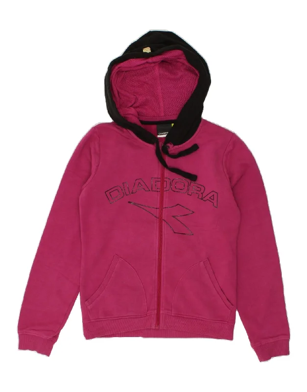 DIADORA Womens Graphic Zip Hoodie Sweater UK 10 Small Pink Colourblock