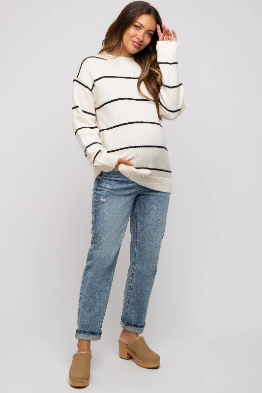 Ivory Striped Mock Neck Maternity Sweater