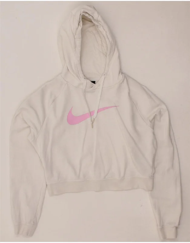 NIKE Womens Oversized Crop Graphic Hoodie Jumper UK 6 XS White Cotton