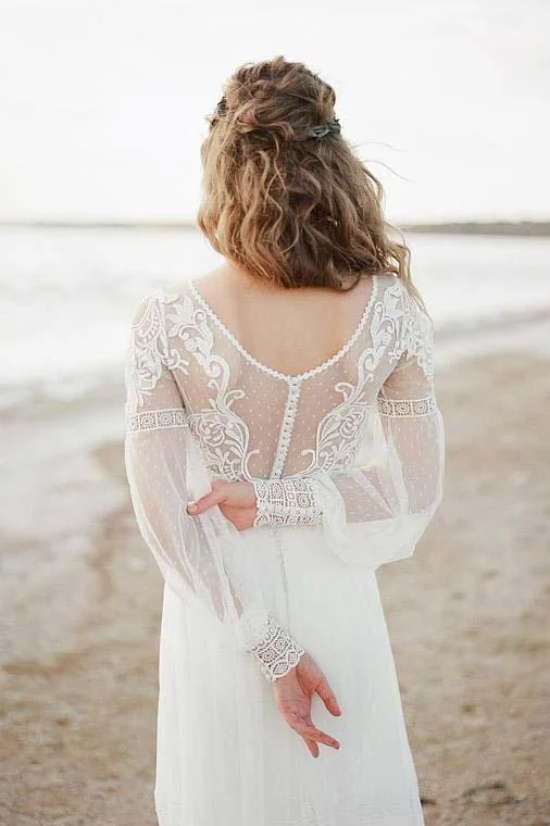 A Line See Through Long Sleeve Lace Appliqued Ivory Beach Wedding Dresses