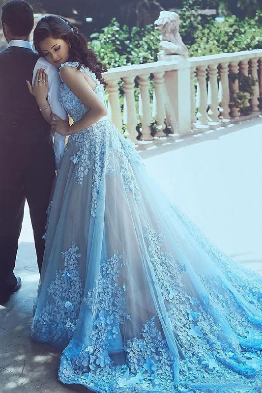 A-Line Square Chapel Train Sleeveless Blue Tulle Wedding Dress with Appliques Sash WK336