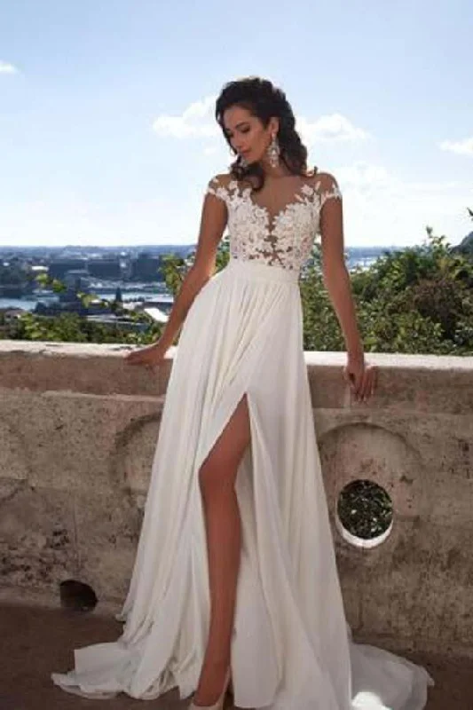 A-Line Top Lace Appliques Side Slit Chiffon Cap Sleeves Cheap Wedding Dress WK337