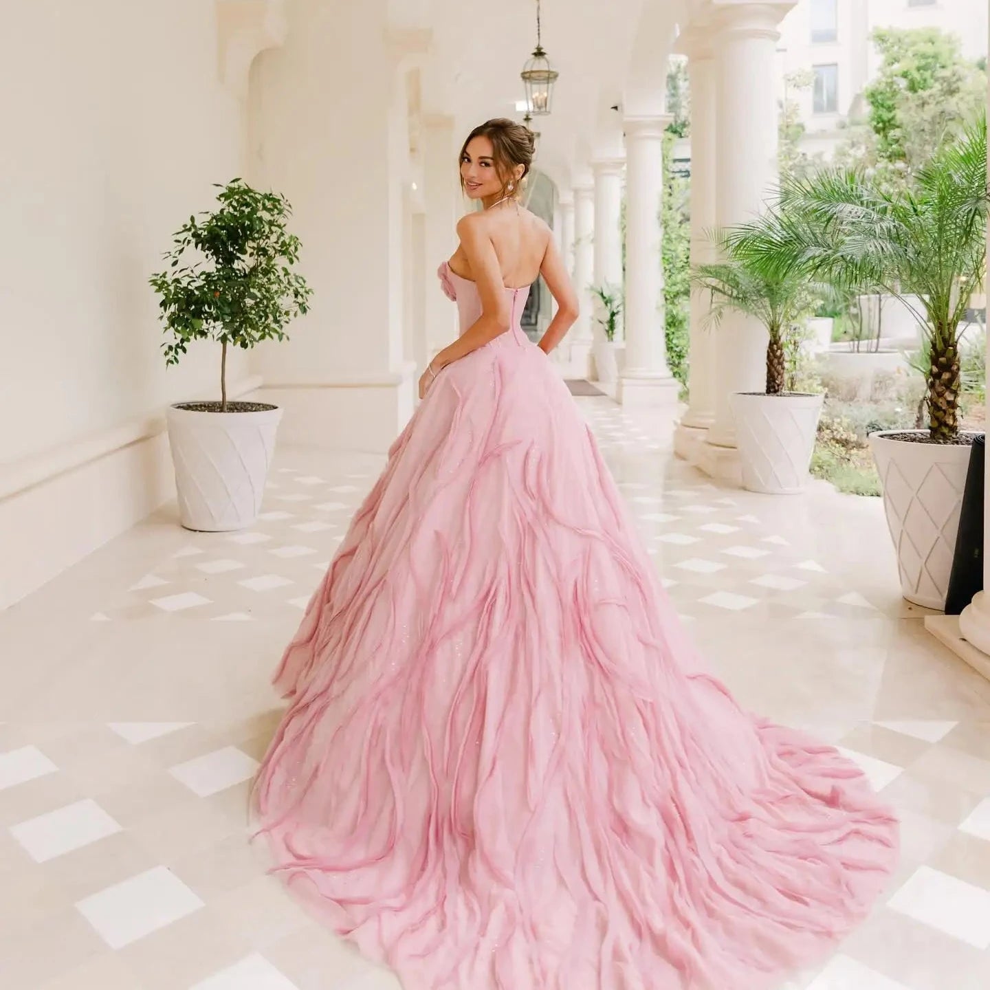 Dreamlike Dusty Rose Pink Couture Evening Gown – Long Bridal Dress with Handmade Flower Details and Puffy Tutu Tulle