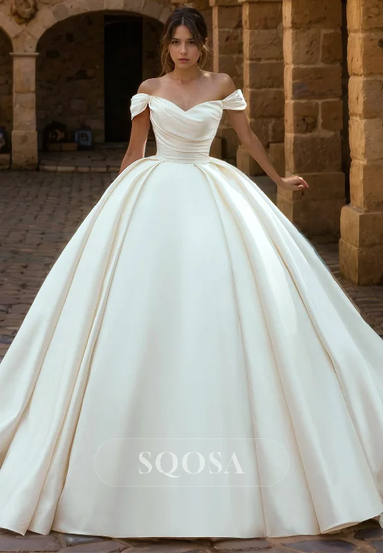 Elegant A-Line Off Shoulder Sleeveless Pleated Satin Wedding Dress