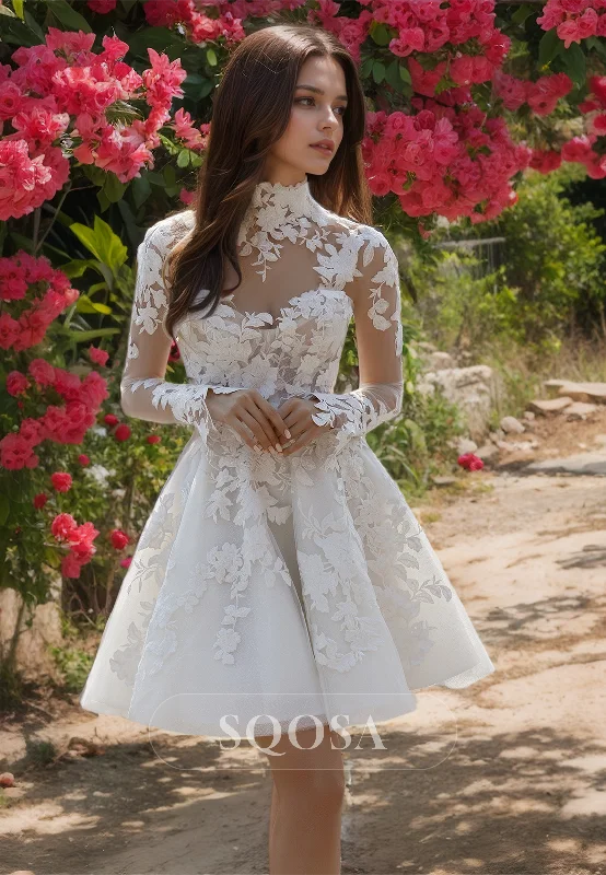 High-Neck Long-Sleeves Short A-Line Wedding Dress Applique Pleated Cutout Beach Wedding Dress