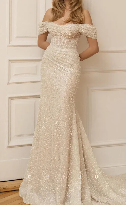 GW974 -  Sheath Off Shoulder Fully Beaded Boho Wedding Dress with Court Train