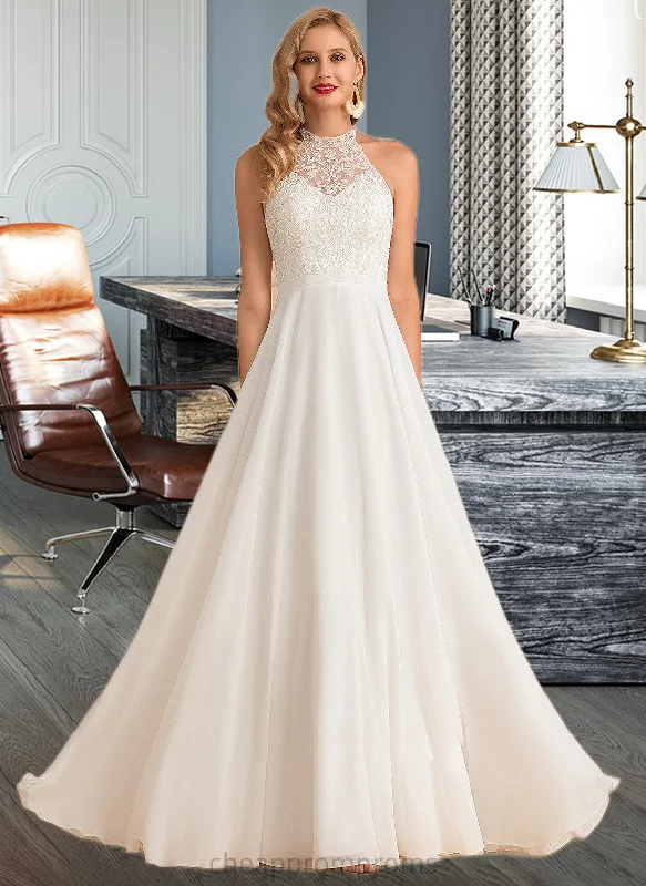 Elaina A-Line High Neck Floor-Length Chiffon Wedding Dress STIP0013702