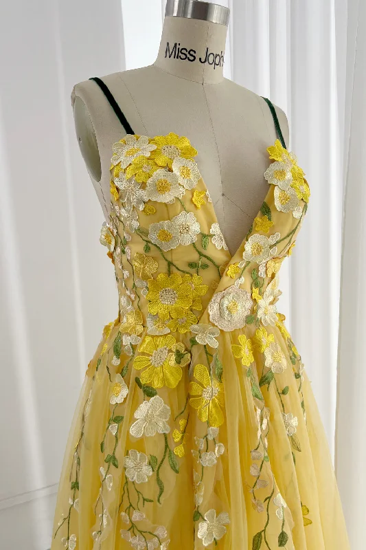 Embroidery Floral V Neck Yellow Prom Dress