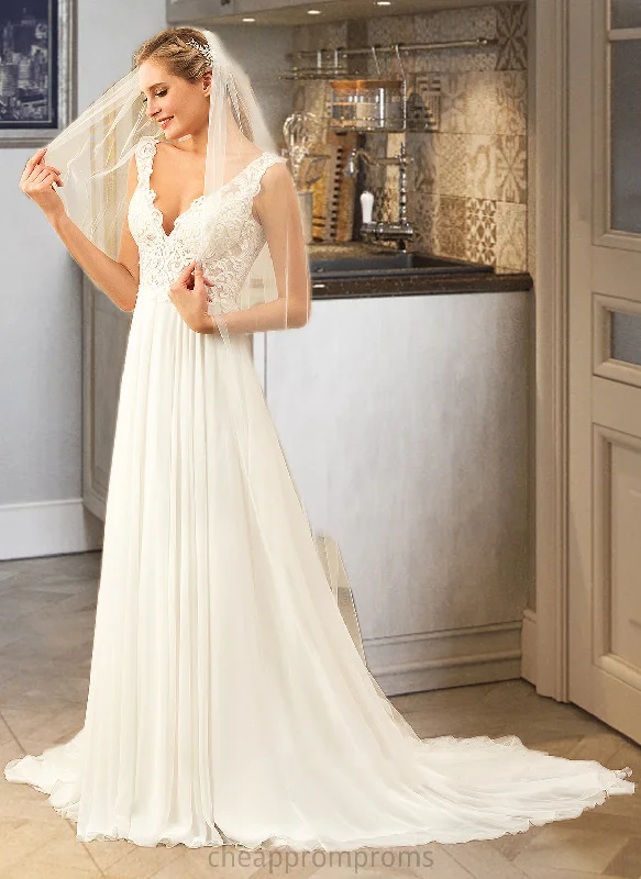 Gloria A-Line V-neck Court Train Chiffon Wedding Dress STIP0013701