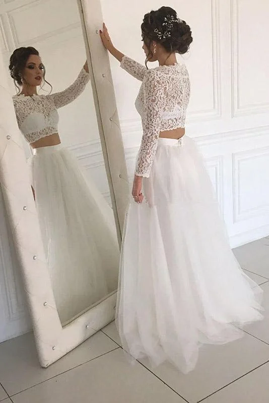 Long Sleeve Lace Round Neck Ivory Boho Wedding Dresses with Tulle Beach Bridal Dresses W1025