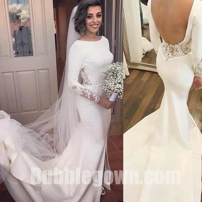 Long Sleeves Mermaid Open Back Elegant Cheap Long Wedding Dresses, BGW007