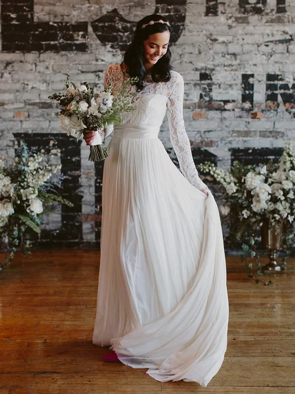 See Through Lace Long Sleeve Ivory Chiffon Beach Wedding Dresses,DB0183