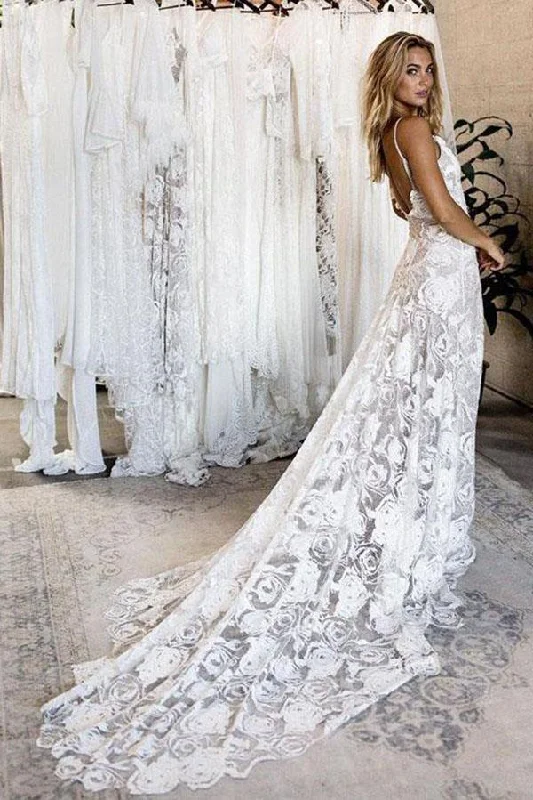 Summer Lace Backless Simple V Neck Ivory Spaghetti Straps Beach Wedding Dresses