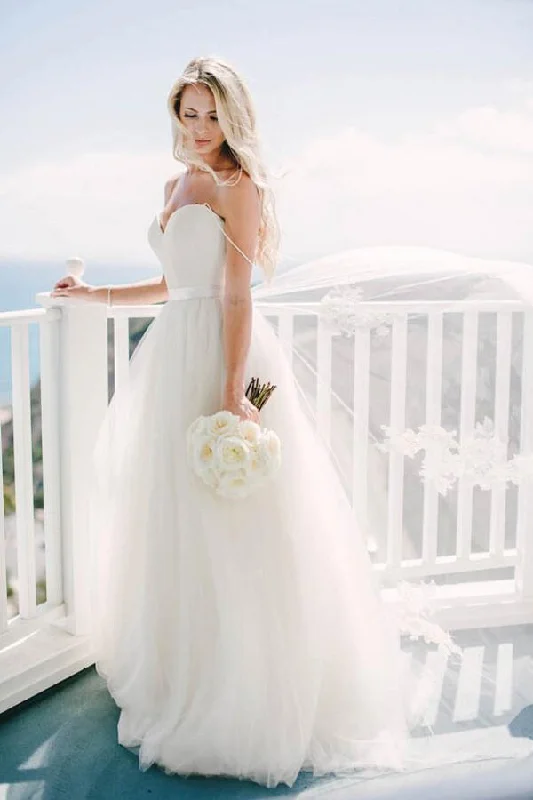 Sweep Train Spaghetti Straps Ivory Sweetheart Backless Beach Wedding Dresses