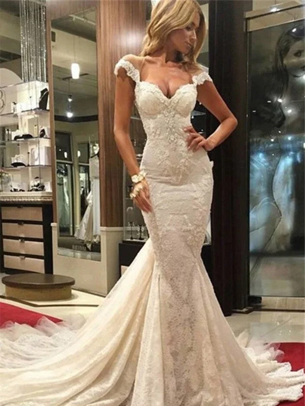 Trumpet/Mermaid Sleeveless Chapel Train V-neck Lace Wedding Dresses TPP0006086