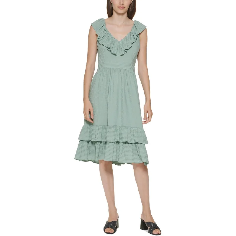 Womens Ruffled V Neck Midi Dress