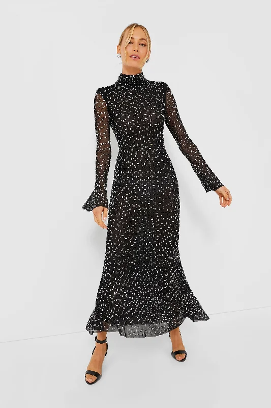 Black Square Rhinestone Mesh Midi Dress