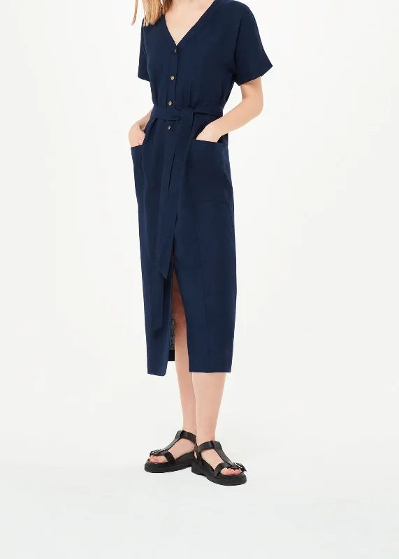 Linen Belted Midi Dress 37110 Navy