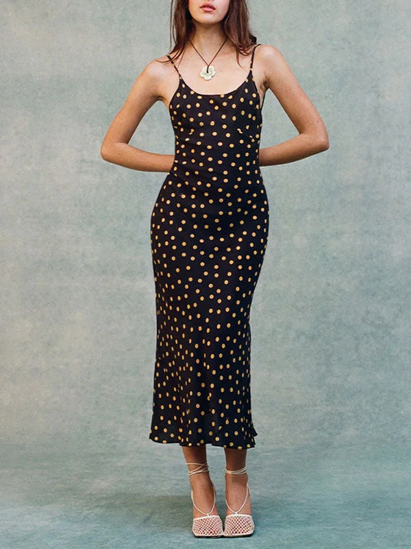 Polka Dot Print V Neck Black Midi Dress