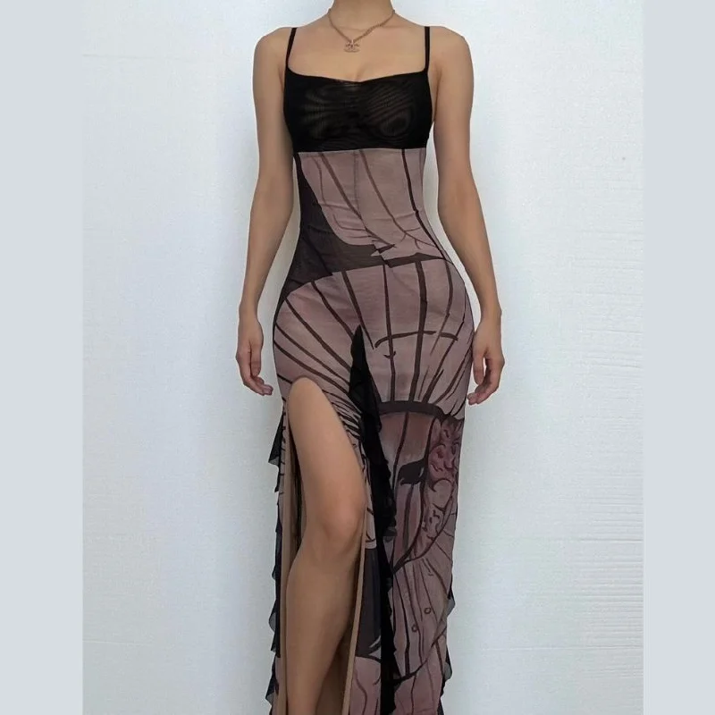 Sheer mesh print abstract ruffle patchwork cami midi dress