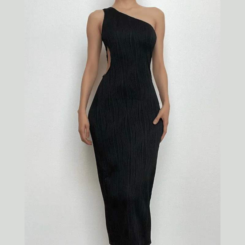 Textured one shoulder irregular hollow out solid cut out midi dress