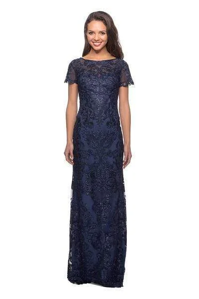 La Femme - 26405 Short Sleeve Jewel-Adorned Lace Sheath Gown