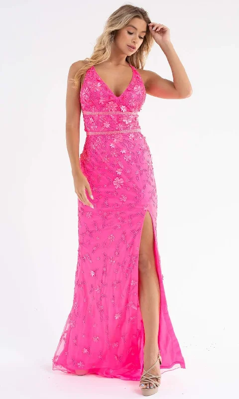 Primavera Couture - 3746 Vibrant Floral Beaded High Front Slit Gown