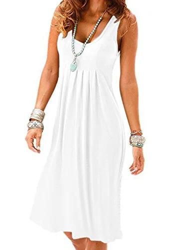 Women Casual Loose Tank Dresses Sleeveless Beach Vacation Dress Swing Pleated U Neck Fashion Soft