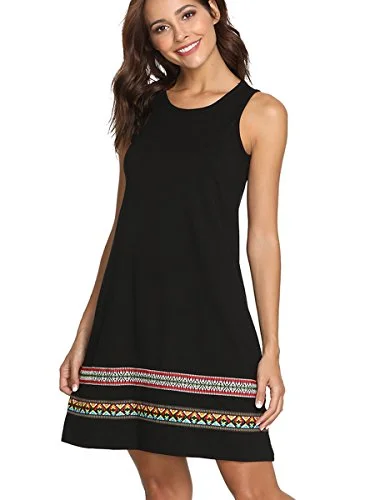 Women's Summer Boho Sleeveless Embroidered Hem Loose Casual Tank Dress