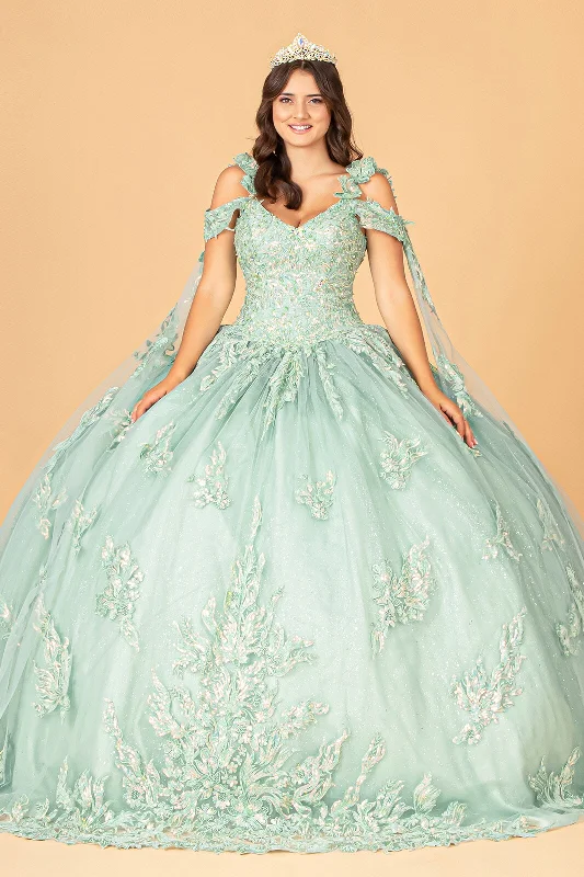 Applique Cape Sleeve Ball Gown by Elizabeth K GL3099