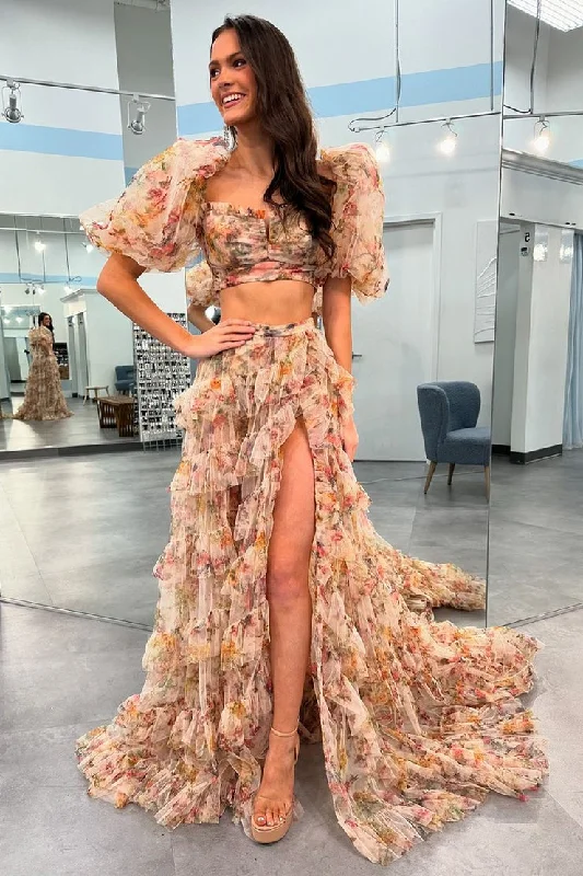 Floral Printed Two Piece Ruffle Tiered Long Prom Dresses