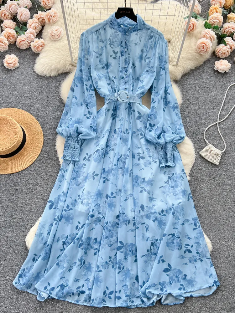 Autumn Winter Women Stand Collar Puff Sleeve Long Dress Casual Floral Print Dress Elegant Lady Chiffon A-line Dress