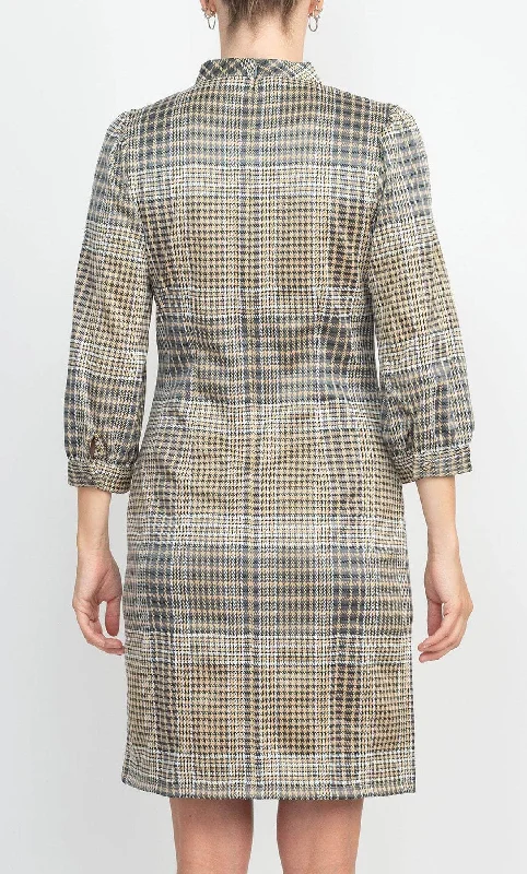 London Times T5954M - Checkered Bishop Sleeve Dress